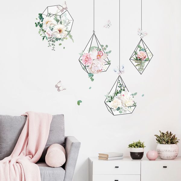 Adesivos de parede flores frescas cesta pendurada sala de estar quarto sofá decoração de fundo papel de parede embelezar decoração de casa 230603