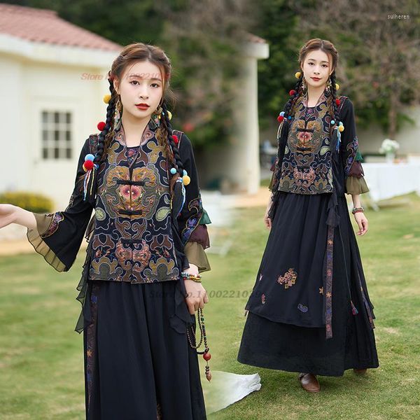 Abbigliamento etnico 2023 Gilet con ricami floreali nazionali Gilet cinese tradizionale Harajuku Patchwork Gilet corto casual femminile vintage