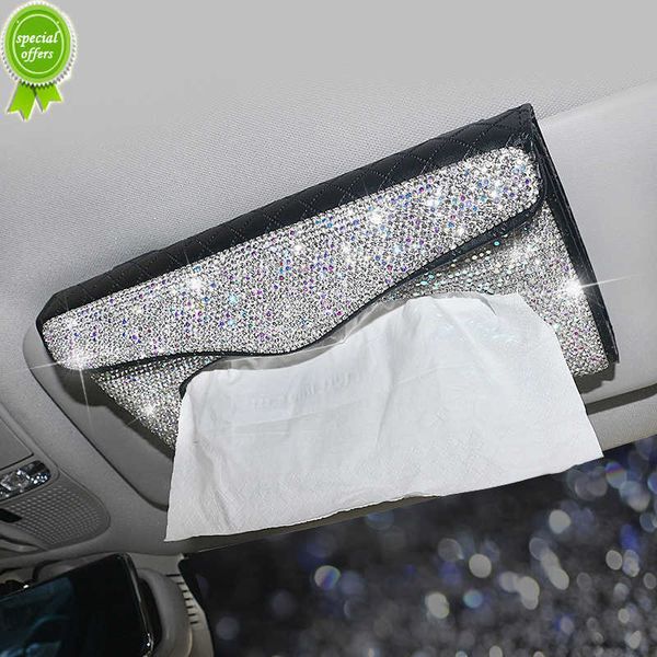 Nuovi accessori per auto Scatola per fazzoletti di cristallo Strass Scatola per fazzoletti per auto Tipo di visiera Custodia per fazzoletti in pelle PU Porta carta glitterata Donna