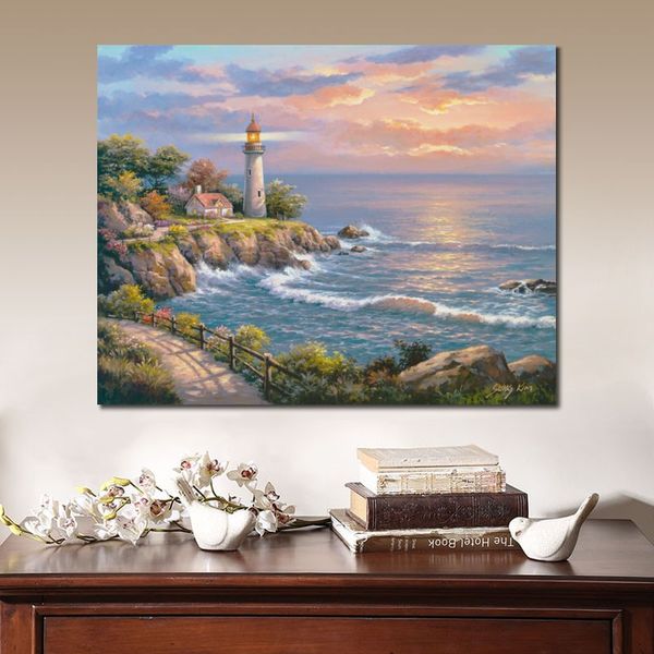 Handgemalte, realistische Landschafts-Leinwandkunst, Sonnenuntergang am Leuchtturmpunkt, Sung Kim-Gemälde, wunderschöne Esszimmerdekoration