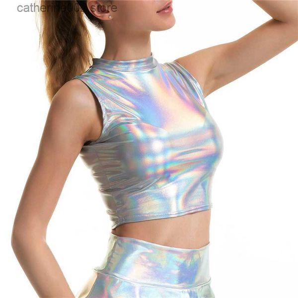 Женские танки Camis Shiny Silver Holography Multi Design Tops Tops Fashion Tube Tube Top Turtleneck Top Top Новый ремешок Camis Rooveless Vest T230605