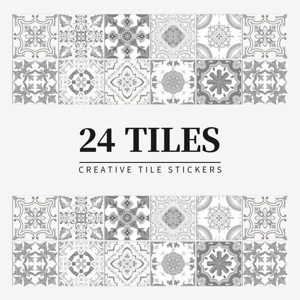 24PÇS Adesivo de parede cinza marroquino arte vintage à prova d'água vinil descascar e colar azulejo adesivos decoração de casa cozinha banheiro decalque faça você mesmo
