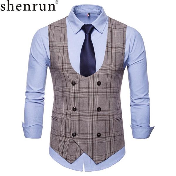 Blazer Shenrun Gilet a quadri da uomo Gilet alla moda Business Office Work Gilet formale casual Caffè Grigio chiaro Doppio petto Colletto a U