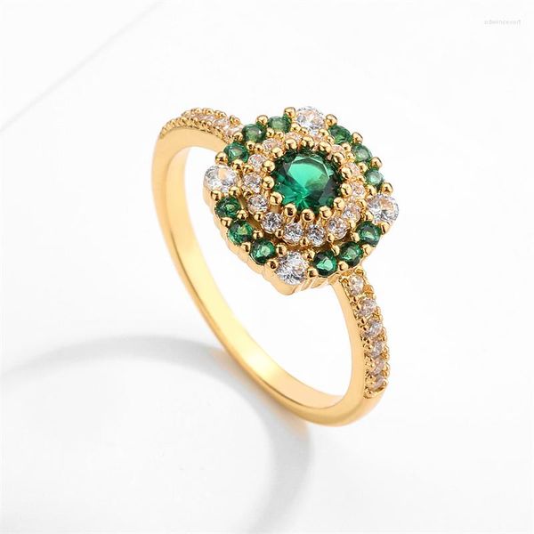 Cluster Anéis Exquisite Green Cubic Zircônia Dedo Banhado A Ouro Anel Clássico Étnico Casamento Natal Ano Jóias Para Mulheres