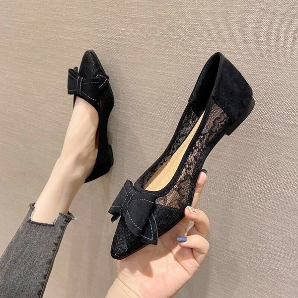 Scarpe piatte eleganti in pizzo alla moda Scarpe con fiocco Scarpe da fagiolo da lavoro Joker da donna Scarpe a punta nera Plus Size Scarpe da donna comode 35-41