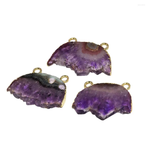 Colares com Pingente Geode Druzy Conector de Pedra de Cristal Roxo Colar Feminino Lua Grande Banhado a Ouro Jóias Fazendo Quartzo Fatia Natural