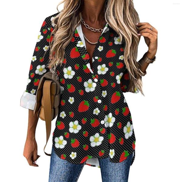 Blusas Femininas Blusa Solta Flor de Frutas Red Strawberry Dots Estampa Casual Oversize Feminina Manga Longa Camisa Bonita Estampa Outono Tops