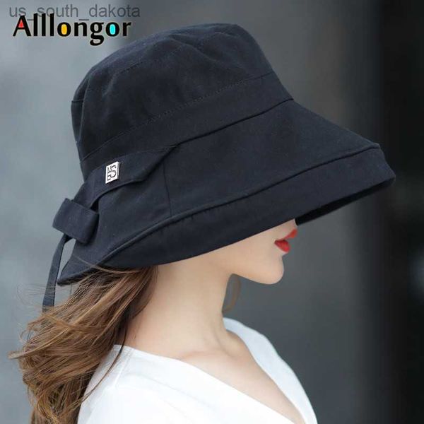 Panama 2023 Sommer Schwarz Bogen Eimer Hut Frauen Mode Korea Bob Baumwolle gorro pescador mujer Sonnenhut Angeln Kappe Chapeu pescador L230523