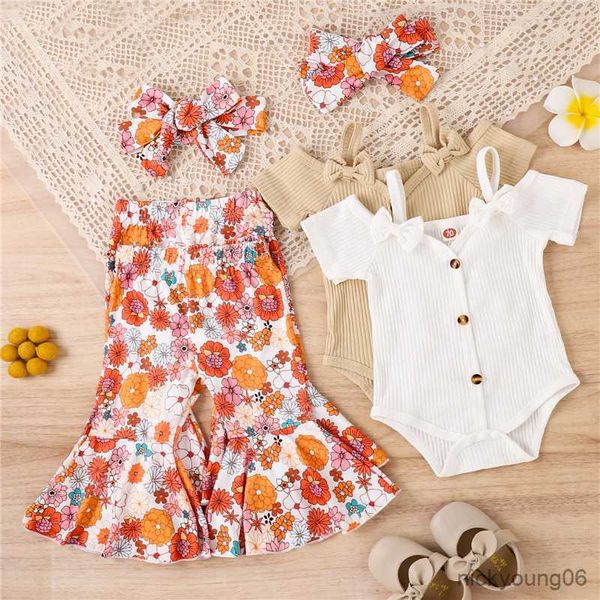 Conjuntos de roupas para criança, bebê, meninas, conjunto de verão, ombro frio, manga curta, macacão e calça flare floral elástica, tiara