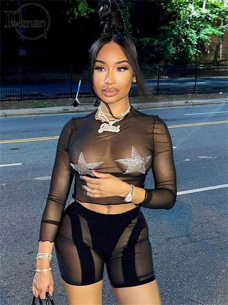 Agasalhos femininos Inwoman Black Sexy Mesh See Through Crop Top Conjunto de calças festa à noite para mulheres 2023 verão manga longa diamantes StarTwo