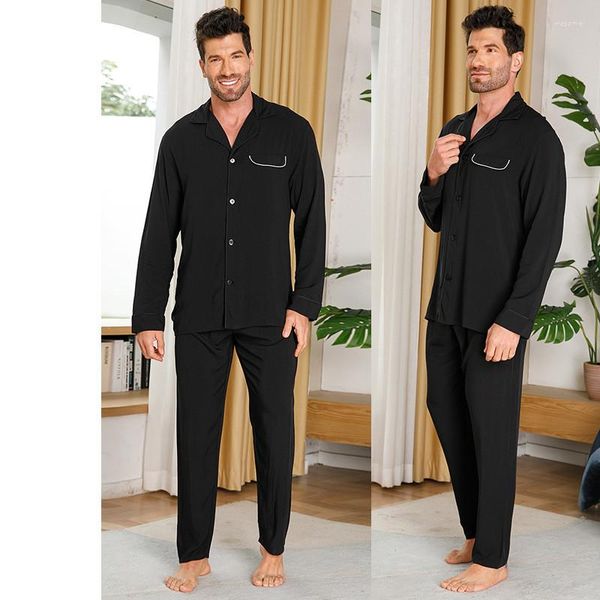 Männer Nachtwäsche Frühling Sommer Schwarz Baumwolle Langarm Tops Hosen Zwei Stücke Männer Pyjamas Hause Kleiden Pyjama Set