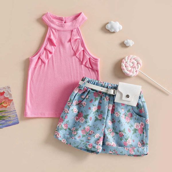 Kleidungssets für Kinder, Mädchen, kurze Sommerkleidung, ärmellose Rüschen-Tanktops, geblümte Shorts mit Gürtel