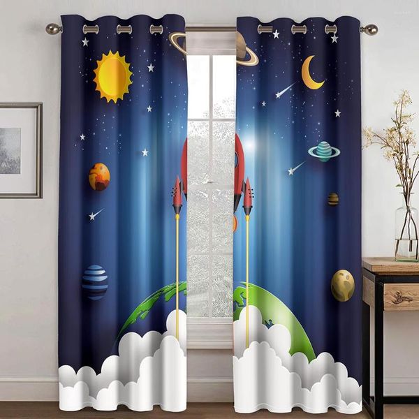 Vorhang für Kinder, Cartoon-Out-Space-Vorhänge, Galaxy-Rakete, für Baby-Jungen-Schlafzimmer, Kinder, Planet, Sternenhimmel, Kunst, bedruckt, Spielzimmer
