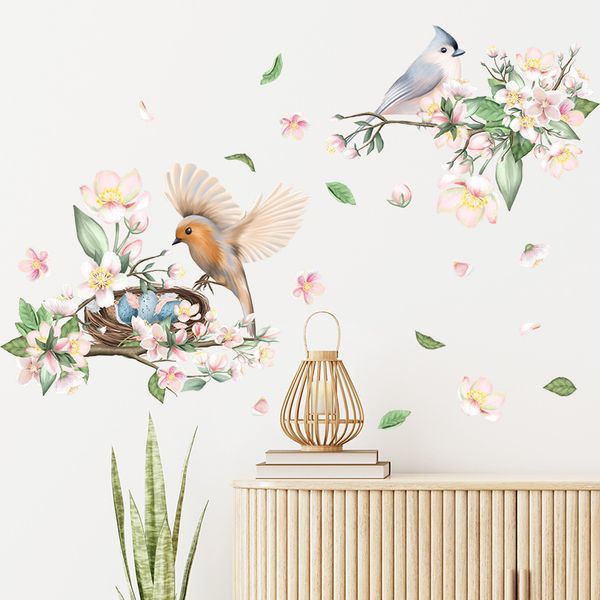 Bemalte Zweige Vogel Blumen Wandaufkleber chinesischen Stil Wohnzimmer Hintergrund Home Dekoration Tapete selbstklebende Wandbild