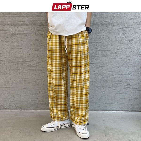 Hosen LAPPSTER Harajuku Baggy Y2k Plaid Hosen 2023 Casual Gelb Koreanische Mode Jogger Hosen Japanische Streetwear Harem Jogginghose