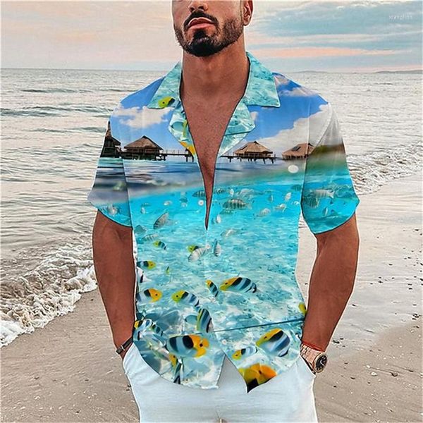 Herren-Freizeithemden, modisches Herren-Hawaii-Hemd, Ozean, 3D-gedruckt, himmelblau, kurzärmelig, Knopf-Cardigan, Strand, Übergröße, 5XL, Sommer
