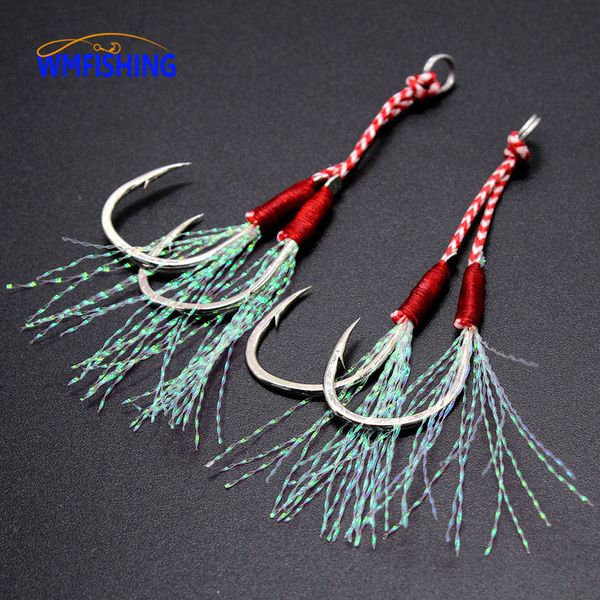 Anzóis de Pesca 10 Pares Cast Jigs Assist Hook Barbed Double Pair Hooks Thread Feather Pesca High Carbon Steel Lure Slow Jigging 230606