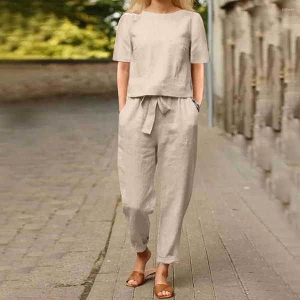 Pantaloni a due pezzi da donna Abiti casual in lino di cotone a maniche corte Camicetta da donna allentata Tute vintage solide eleganti Camicia Harajuku 2