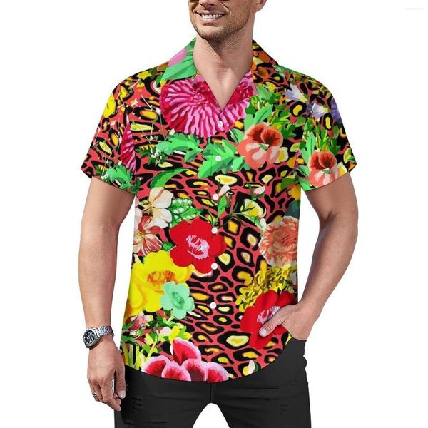 Freizeithemden für Herren, Blumen-Leoparden-Hemd, bunter Blumendruck, Strand, lockere, sommerliche, coole Blusen, kurze Ärmel, individuelles, übergroßes Oberteil