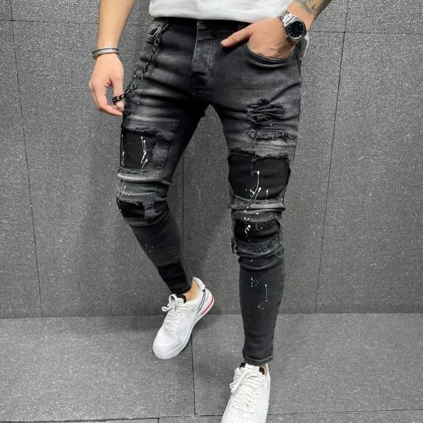 Mens Jeans Four Seasons Slim Lápis Calça Edging Tinta Spray Impressão Emenda Moda Casual Denim Masculino 230606