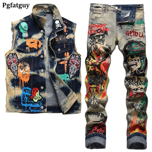 Punk Street Tute Retro Blue Motorcycle Jeans da uomo Set Locomotiva Metal Rock Badge Gilet in denim e pantaloni strappati con stampa elasticizzata sottile