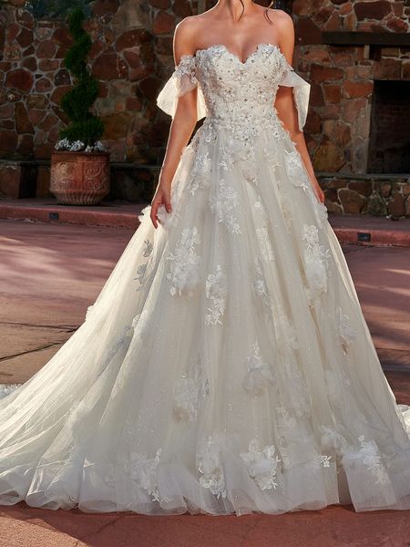 Lindo vestido de noiva corte trem sem alças com zíper nas costas tule com flores 3D apliques com miçangas vestidos de noiva destacáveis fora das alças