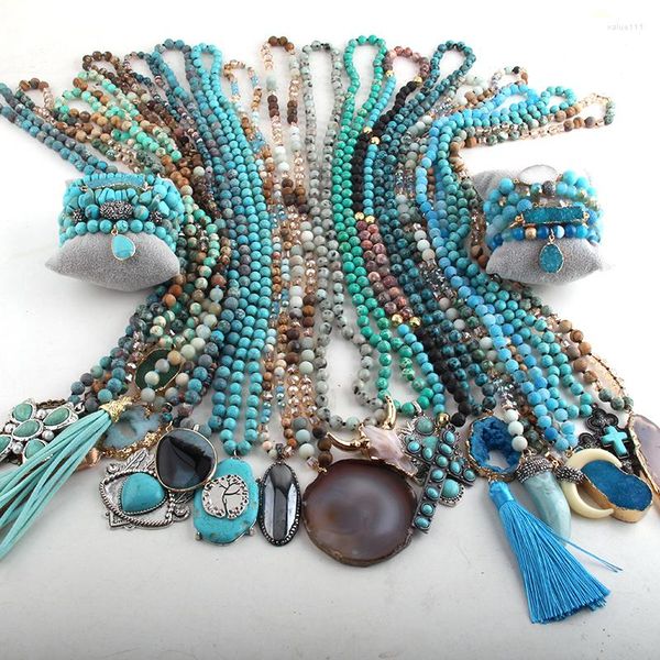 Anhänger-Halsketten MD Großhandel 20 Stück blaue Mischung aus Halskette/Armband-Set, modischer Boho-Schmuck für Frauen, böhmisches Geschenk