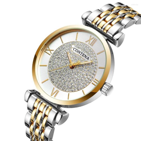 Relógios de pulso CONTENA Relógios de pulso femininos originais de luxo para mulheres à prova d'água aço inoxidável quartzo relógio de pulso feminino ouro 2023 tendência