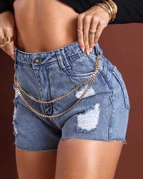 Nova Moda 2023 Verão Casual Sexy Corrente Apertada Decoração Lágrima Shorts Denim Cintura Alta Parte Inferior Feminino P230606