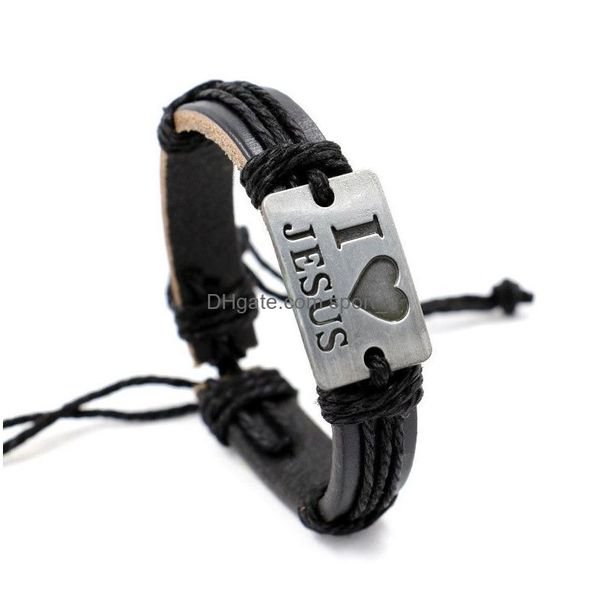 Charm Bracelets I Love Jesus Letter Id Leather Rope Bracelet Bangle Cuff Wristband For Men Women Fashion Jewelry Drop Delivery Dhcl9