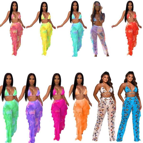 Calças Femininas de Duas Peças Femininas de Verão Estampa Tie Dye Halter Top Decote em V Babados Calças de Emenda Terno Conjunto de Duas Peças Roupa de Treino Praia 230606