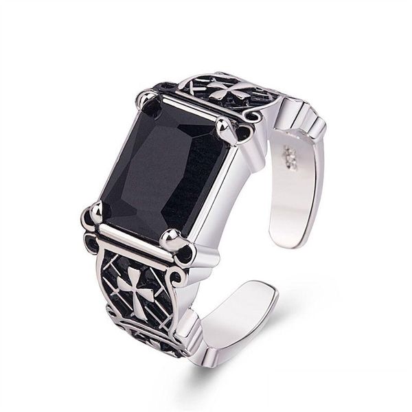 Anello solitario antico Sier Jesus Cross Black Agate Band Finger Retro aperto regolabile anelli di diamanti gioielli moda uomo Will e San Dh8Af