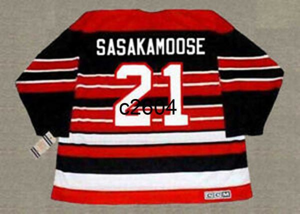 c2604 Herren Anpassen 1950 Fred Sasakamoose 21 Hockey-Trikots Vintage Schwarz Rot genähte CCM-Hemden M-XXXL