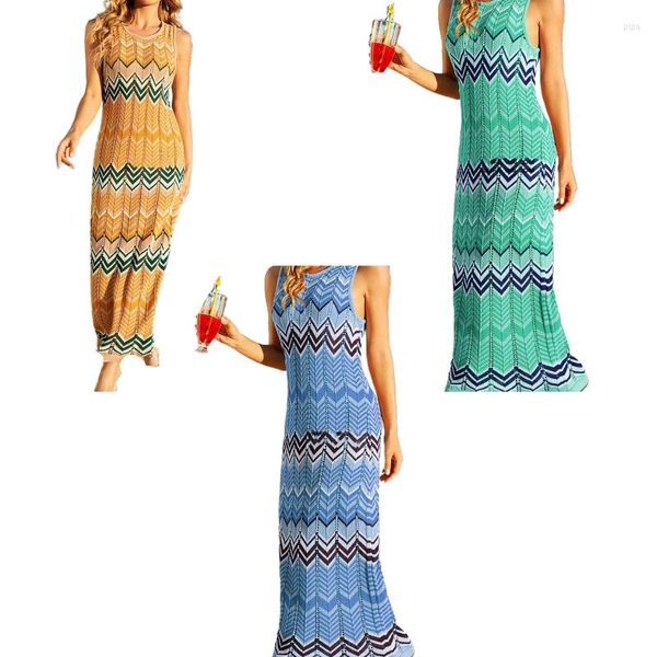 Vestidos casuais femininos verão sem mangas decote redondo oco malha maxi vestido longo multicolorido ondulado listrado ajuste fino praia férias para n7yf