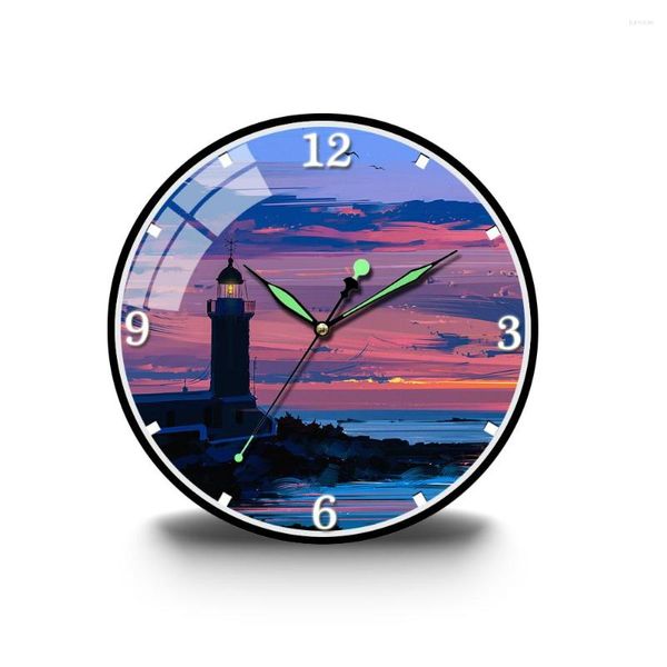 Wanduhren am Meer, Leuchtturm, Sonnenuntergang, Kunstmalerei, leuchtende Uhr, rund, präziser Schwung, modernes Design für Heimdekoration