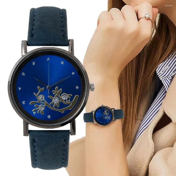 Нарученные часы роскошные женские дерево виноградные бриллианты простые Quartz Watch Scue Scure синий кожаный ремешок женский платье подарок