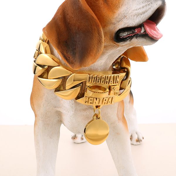 Edelstahl-Hundekette, mittelgroß, großes Haustier-Hundehalsband, Medaillenanhänger-Halskette, riesige kubanische Kette, große Hundeleine, 690 g, schwer, 31 mm, 18,8 Zoll (48 cm), vergoldet