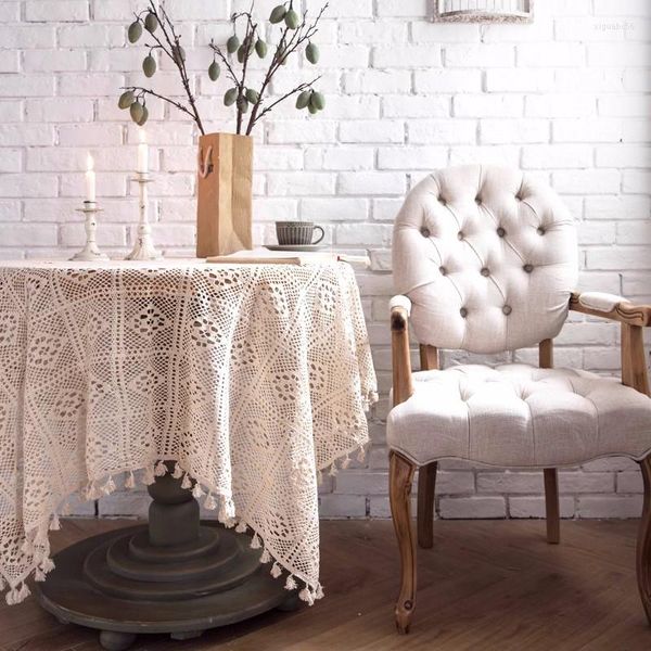 Toalha de mesa para uso doméstico oco quadrado crochê com borla sala de estar capa de café cor sólida retrô toalha de mesa