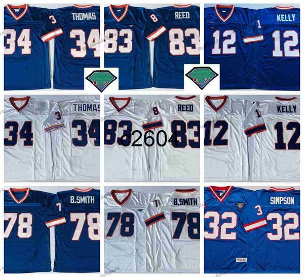 c2604 Vintage 1994 XXV Maglie da calcio 35th Mens 12 Jim Kelly 34 Thurman Thomas 78 Bruce Smith 83 Andre Reed Camicie cucite 32 OJ Simpson Blue Jersey