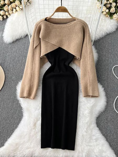 Casual Kleider FTLZZ Herbst Winter Elegante Frauen Oansatz Empire Dünnes Kleid Vintage Dame Stricken Midi Büro Patchwork