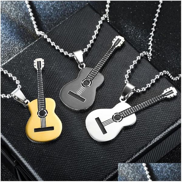 Collane con ciondolo Collana con chitarra musicale in acciaio inossidabile Donna Uomo Oro nero Gioielli moda hip-hop Will And Sandy Gift Drop Deliv Dhhuw