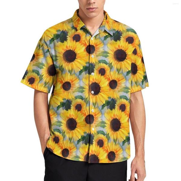 Camicie casual da uomo camicette gialle girasole maschile stampa floreale brillante Hawaii maniche corte design retrò camicia da vacanza oversize regalo