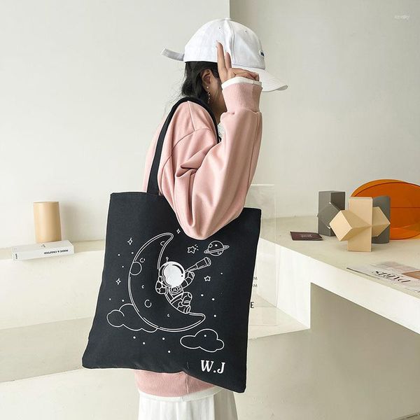 Akşam çantaları 36x33cm karikatür grafiti kızlar tote çanta çanta kadın tuval alışveriş fermuarı öğrencileri kitap poşeti için