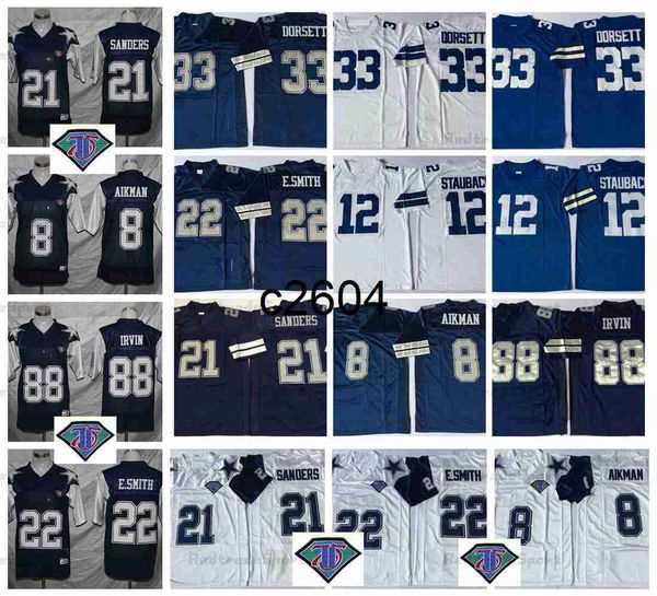 c2604 Vintage 75th 8 Troy Aikman 21 Deion Sanders Maglie da calcio 12 Roger Staubach 22 Emmitt Smith 33 Tony Dorsett 88 Michael Irvin Maglia blu cucita del Ringraziamento