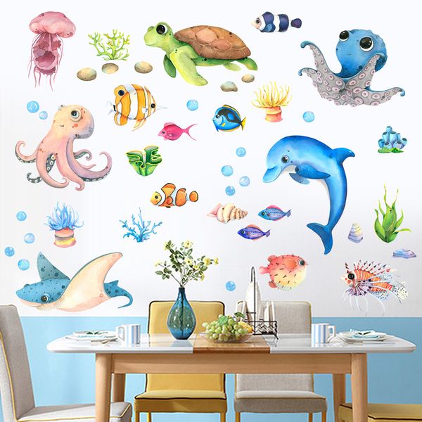 Cartoon Marine Life Adesivi murali per camera dei bambini Decalcomanie per piastrelle da parete per bagno Polpo Tartaruga marina Poster da parete per pesci Decorazioni per la casa