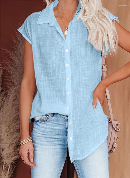 Camicette da donna Camicie da donna in cotone e lino senza maniche Tinta unita blu Casual Bottone estivo Colletto rovesciato Camicia da strada da donna Top