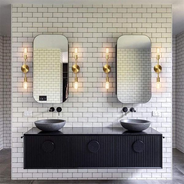 Luminária de parede de metal dourado cabeça dupla criativa quarto de cabeceira de vidro abajur decoração do banheiro luxo lampara de pared a