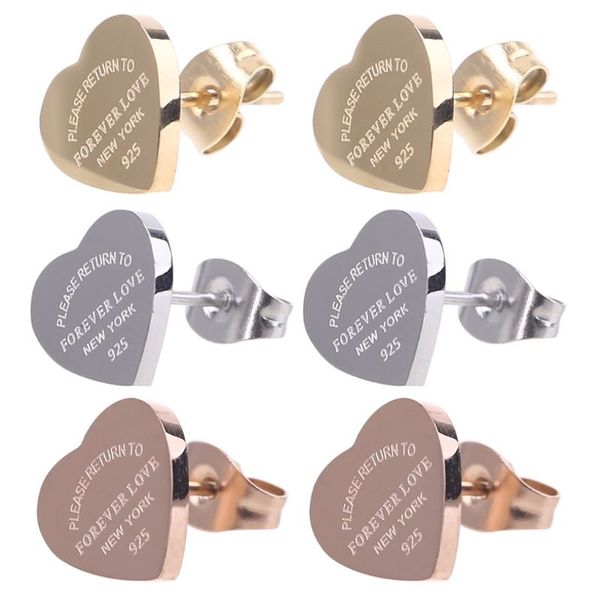 3 farben Klassische Stil Frauen Liebhaber Herz Studs Luxus Titan Stahl Ohrringe Logo Gedruckt Hochzeit Party Geschenke Großhandel