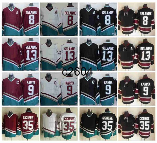 C2604 Vintage Mighty 8 Teemu Selanne 9 Paul Kariya Hokey Forma Erkekler 35 Jean-Sebastien Giguere Jersey 13 Teemuselanne Mor Beyaz Dikişli Gömlek C Yama