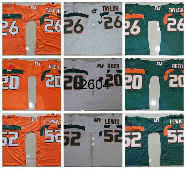 c2604 Vintage Miami Hurricanes College Football Trikots Grün 26 Sean Taylor 52 Ray Lewis R.Lewis 20 Ed Reed University Shirts Orange Weiß S-XXXL